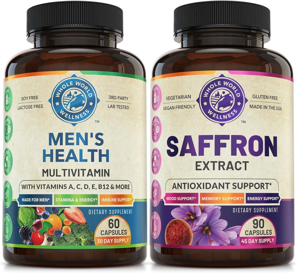 Mens Daily Multivitamins & Pure Saffron Extract Bundle (Ένα μπουκάλι το καθένα). Συλλογικά υποστηρίζει ολιστική ευεξία, ενισχυμένη ενέργεια, ανυψωμένη διάθεση. Φτιαγμένο στις ΗΠΑ.