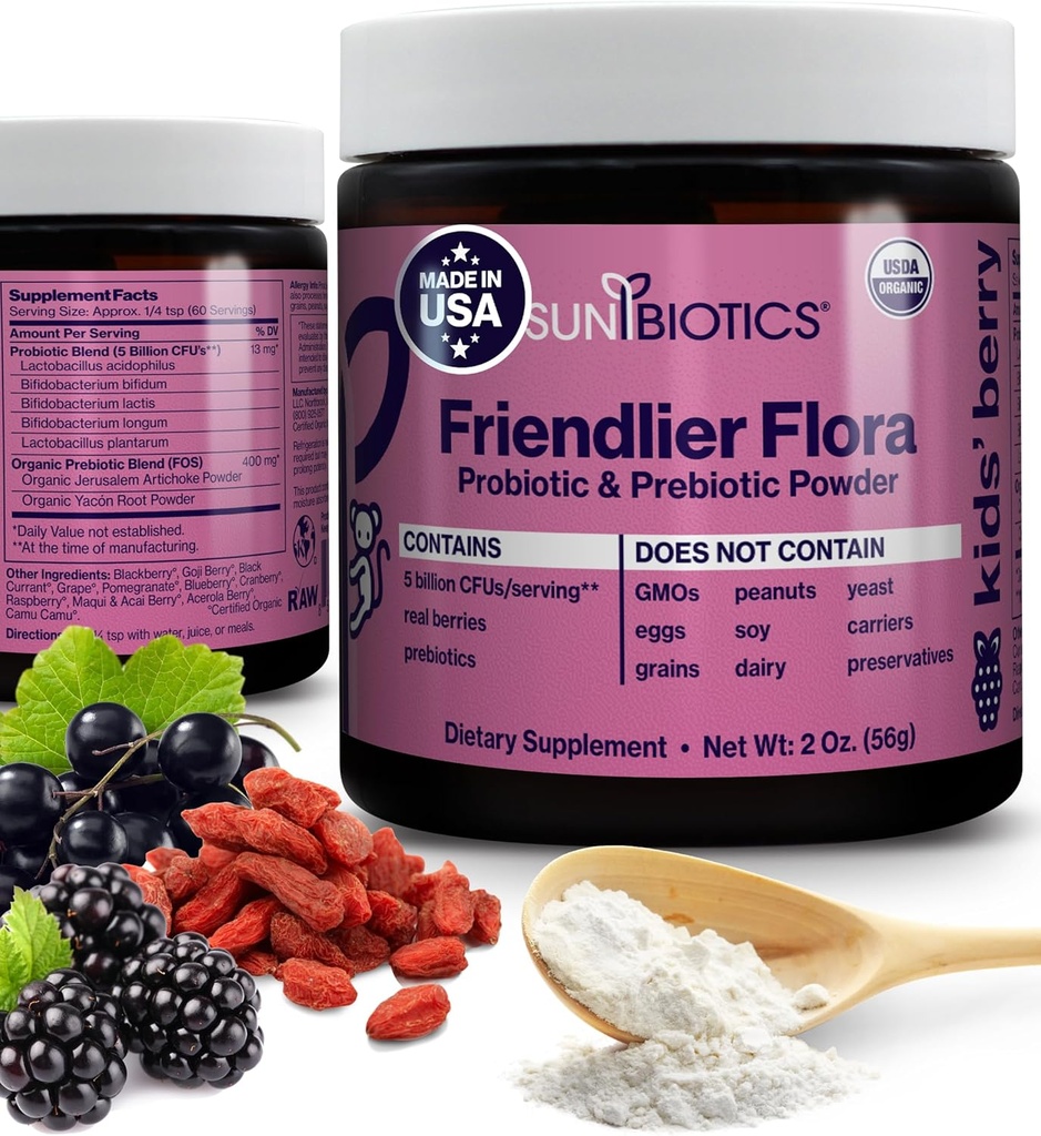 SUNBIOTICS Friendlier Flora - Παιδικό συμπλήρωμα προβιοτικής και προβιοτικής σκόνης με 5 δισεκατομμύρια CFUs 5 προβιοτικά στελέχη για καλή χλωρίδα, ανοσοποιητικό σύστημα, & ισορροπημένη μικροβιομή - μούρο, 2 ουγγιά