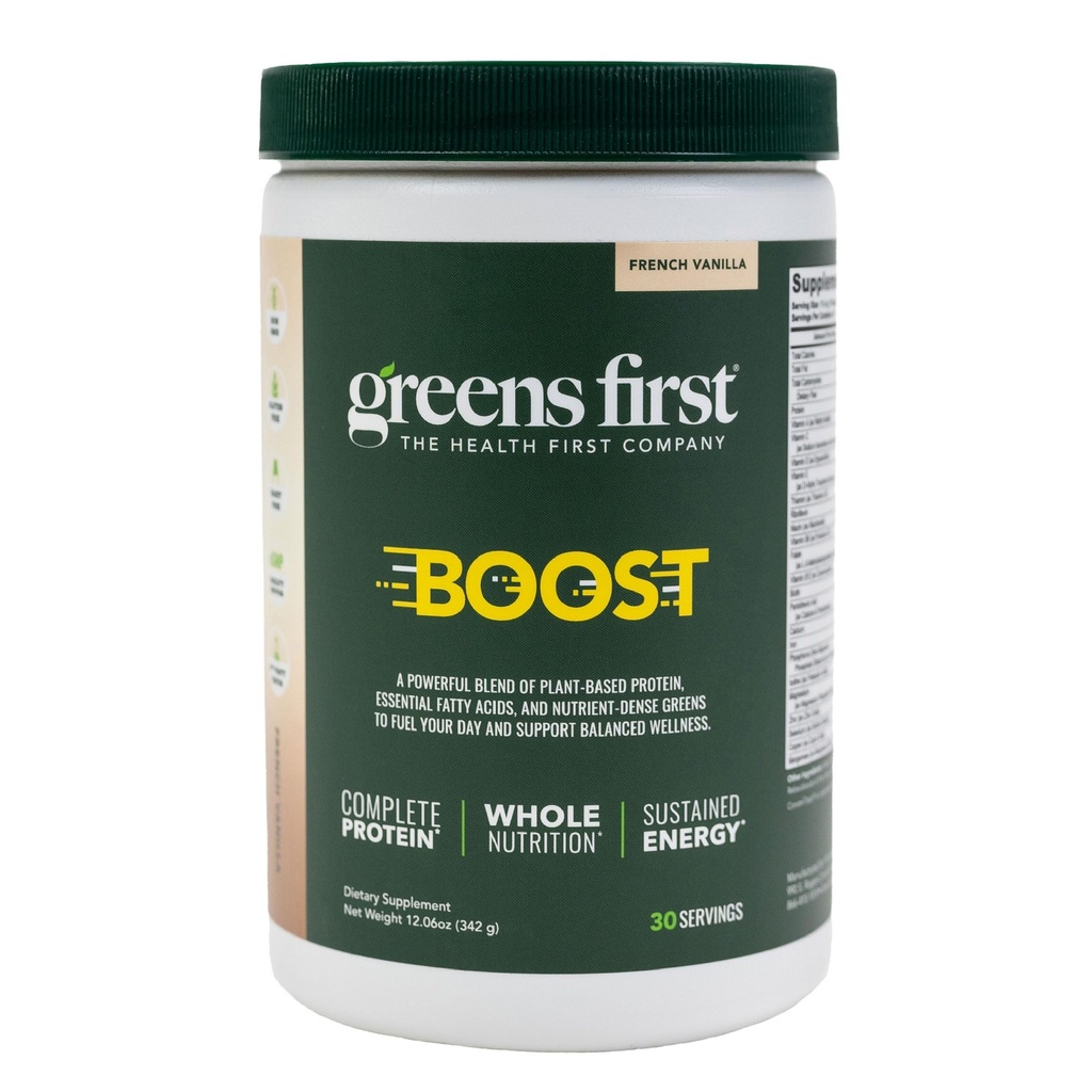 Greens First Boost - Πρωτεΐνη Βασισμένη σε φυτά & Ισορροπημένη Διατροφή - Superfood Shake Mix - Χωρίς σιτάρι ή σόγια - Γαλακτο-ελεύθερο - Vegan - Γαλλική Βανίλια, 12.06 oz.