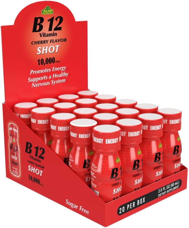 ALFA VITAMINS B12 Βιταμίνη Shot με 10000 MCG υψηλότερη ισχύς - Χωρίς ζάχαρη, χωρίς καφεΐνη - Ενεργειακά Shot (2.0 OZ μπουκάλι FL) 20 Pack