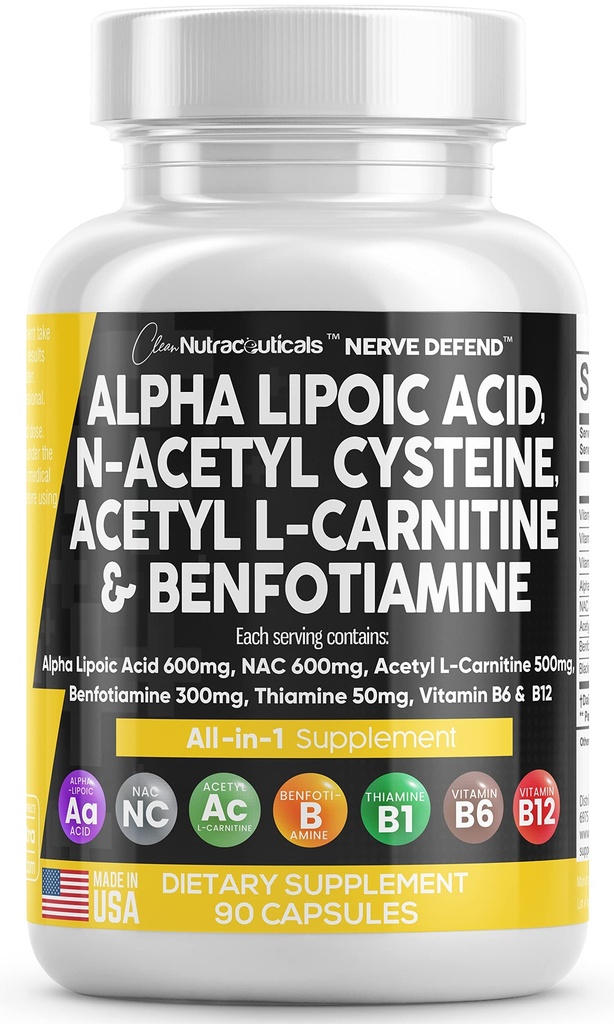 Alpha Lipoic Acid 600mg N-Acetyl Cysteine 600mg Acetyl L-Carnitine 500mg Benfotiamine 300mg - Συμπλήρωμα υποστήριξης για γυναίκες και άνδρες με βιταμίνη B1 B6 & B12 - Made in USA 90 Caps