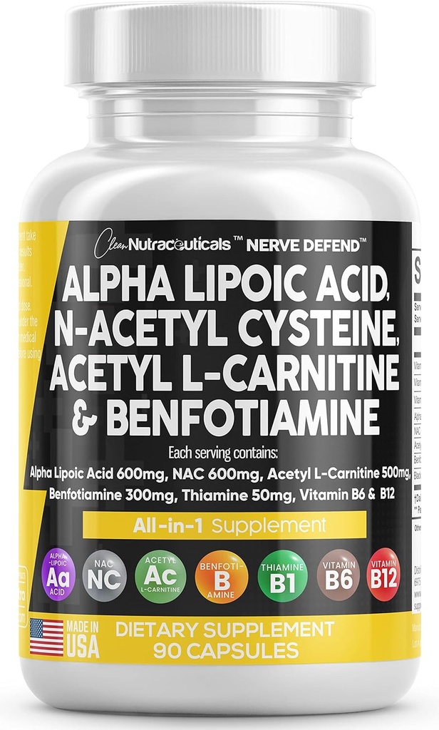Alpha Lipoic Acid 600mg N-Acetyl Cysteine 600mg Acetyl L-Carnitine 500mg Benfotiamine 300mg - Συμπλήρωμα υποστήριξης για γυναίκες και άνδρες με βιταμίνη B1 B6 & B12 - Made in USA 90 Caps