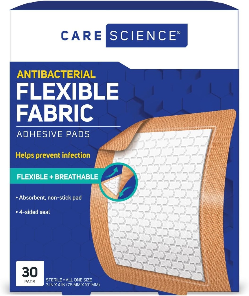 Care Science Ύφασμα Αυτοκόλλητο Pad Μπάντες, 3x4 ίντσες Επιπλέον Μεγάλη Ευέλικτη Μη-Stick Λωρίδα, Βοηθά στην πρόληψη της μόλυνσης, Αναπνεύσιμη προστασία, για First Aid & Wound Care, 30 Count