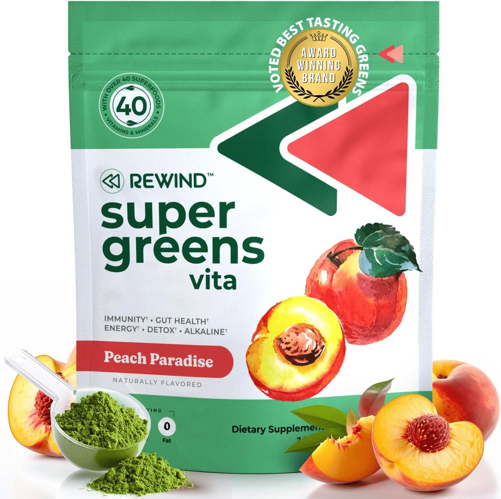 Καλύτερη γεύση Super Greens σκόνη με 40+ Superfoods – Delicious Daily Green σκόνη με βιταμίνη B12, ψευδάργυρο, βιταμίνη C, μαγνήσιο & ασβέστιο – Πράσινο χυμό Superfood Mix - Ροδάκινο Γεύση