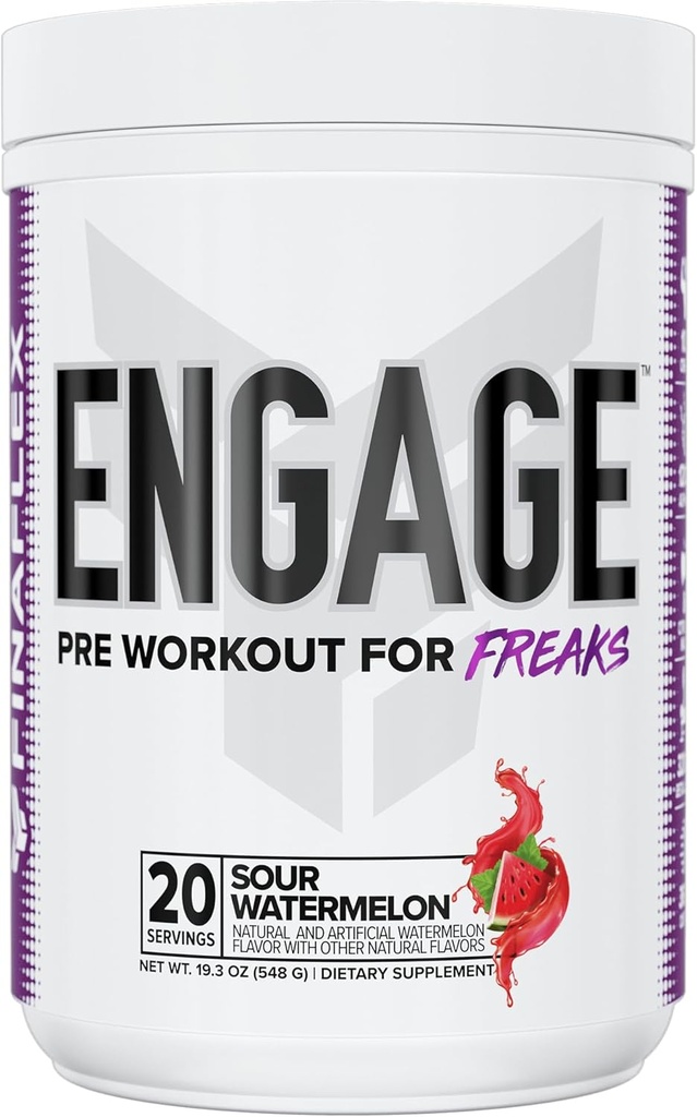 FINAFLEX Engage Pre Workout, Sour Watermelon - Τρένο σκληρότερο, μακρύτερο & δυνατότερο - Περιλαμβάνει Creatine, Beta-Alanine, Alpha GPC, Citrulline & Caffeine - 20 εξυπηρετούν