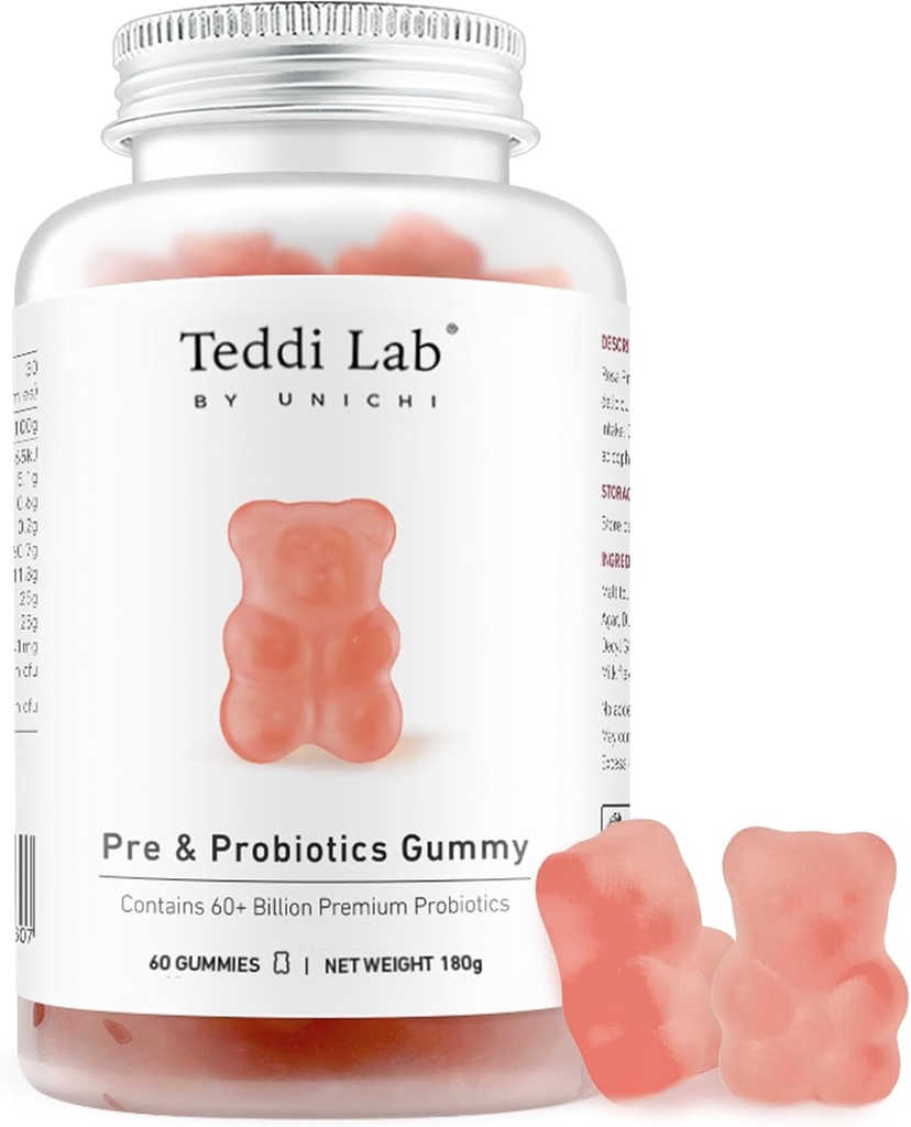 Unichi Pre & Probiotics Gummy, 60+ δις προβιοτικά σε συνδυασμό με προβιοτικό για Digestive Wellness and Inner Balance, Non-GMO, Yogurt Flavour, 60 Count