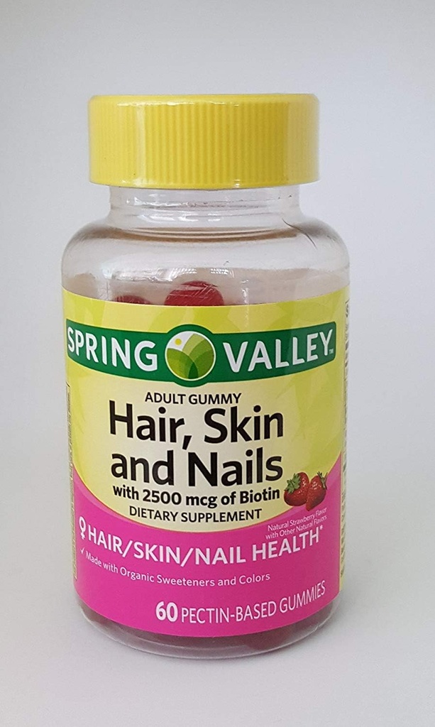 Spring Valley Μαλλιά, δέρμα και νύχια με 2500 mcg Biotin συμπλήρωμα διατροφής, 60 Pectin Based Gummies