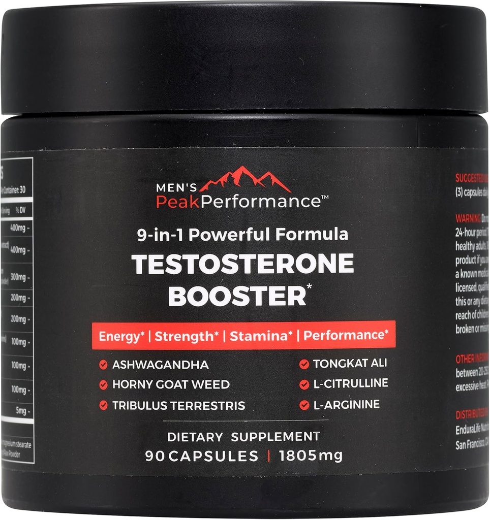 MEN'S PeakPerformance - Testosterone Booster συμπλήρωμα για τους άνδρες - Boost Stamina, μυϊκή ανάπτυξη, ενέργεια, δύναμη, αντοχή & κίνηση - Ashwagandha, Tribulus, L-αργινίνη, Tongkat Ali- 90 κάψουλες