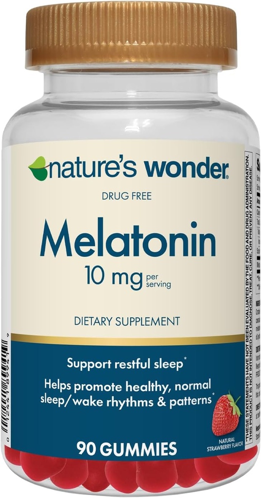 Nature's Wonder Drug-Free Melatonin 10 mg Gummies for Adult Sleep Health, 100% Drug Free Sleep Aid, Promotion Healthy Sleep and Wake Rhythm and Patterns, 45 Day Supply, 90 Count