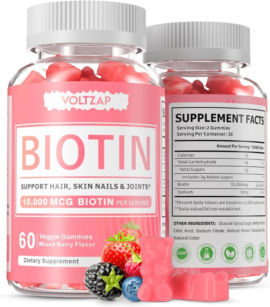 Συμπλήρωμα βιοτίνης, 60 Vegan Gummies, Αντιοξειδωτική υποστήριξη για υγιές δέρμα, μαλλιά και νύχια για γυναίκες και άνδρες, μη ΓΤΟ