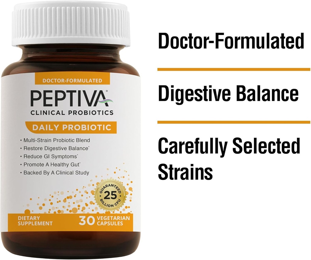Peptiva Daily Probiotic, 25 Billion CFU, Multi-Strain Probiotics, Lactobacillus Acidophilus, Bifidobacterium, συμπλήρωμα υποστήριξης Digestive - 30 Count