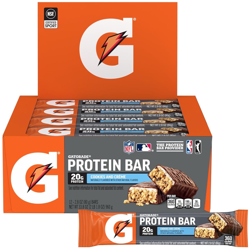 Gatorade Whey Protein Bars, Cookies & Crème, 2.8 oz bars (Pack of 12, 20g of protein per bar)