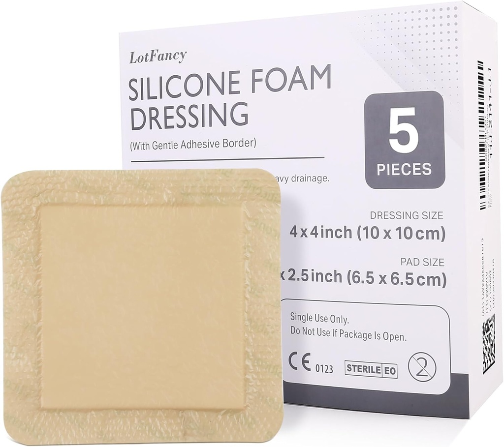 LotFancy Silicone Foam Dressing, 4"x 4" (2.5”x2.5”” Pad), 5 Count, Sterile συνορεύει Adhesive Wound Dressing, Bed Sores, Leg Ulcers Wound Care Bandage, Highly Absorbent, Αδιάβροχη