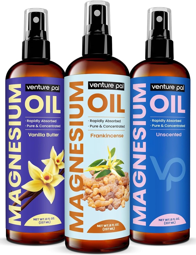 Venture Pal 100% Pure Magnesium Oil Spray with Frankincense, Fast Absorption, Less Sting, Ultra-Soothing for Sleep & Muscle Relaxation, Seven (Big 8 oz) Minerals