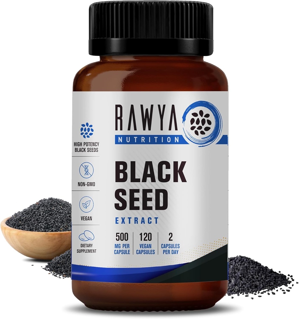 RAWYA Nutrition Black Seed Extract, Nigella Sativa, Black Cumin Seed Powder, 500 mg Καθένας, Προάγει την Ευεξία, Ευελιξία και Ακτινοβολία Δέρμα, Hanal, Vegan, Καθαρό & Φυσικό Συμπλήρωμα - 120 Vegan Κάψουλες