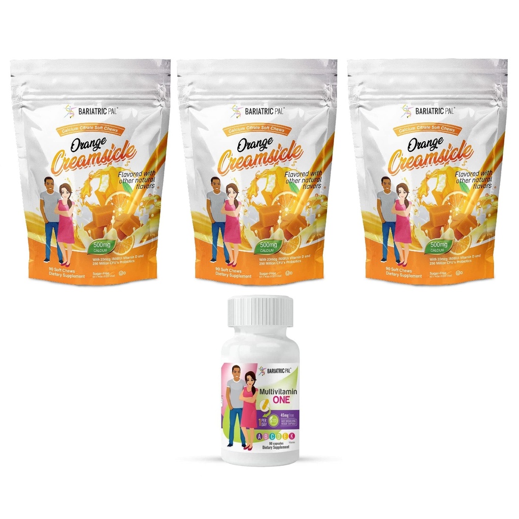 BariatricPal 90-Day Bariatric Vitamin Bundle (Πολυβιταμίνη 1 ανά ημέρα! Καψάκιο με 45 mg σιδήρου και ασβεστίου κιτρικό μαλακό μάσημα 500mg με προβιοτικά - κρέμα πορτοκάλι)