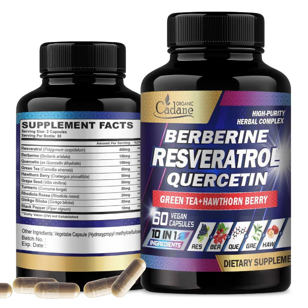 Cadane Resveratrol Supplement - 10in1 Plus με Quercetin, Μπερβερίνη, Πράσινο Τσάι, Σπόροι σταφυλιού, Hawthorn Berry, Turmeric, Rhodiola Rosea, Ginkgo Biloba, και Μαύρο Πιπέρι - 60 κάψουλες
