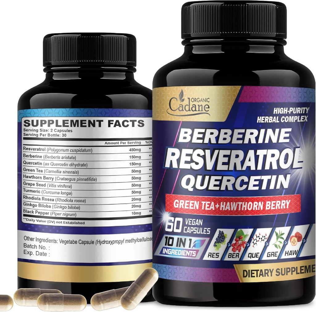 Cadane Resveratrol Supplement - 10in1 Plus με Quercetin, Μπερβερίνη, Πράσινο Τσάι, Σπόροι σταφυλιού, Hawthorn Berry, Turmeric, Rhodiola Rosea, Ginkgo Biloba, και Μαύρο Πιπέρι - 60 κάψουλες