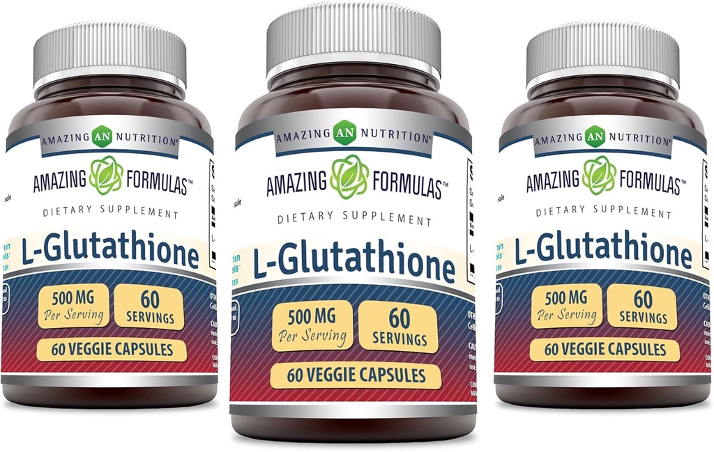 Amazing Formulas Reduced L-Glutathione Supplement | 500 Mg Per Serving | 60 Veggie Capsules | Non-GMO | Gluten Free | Made in USA | (Pack of 3)