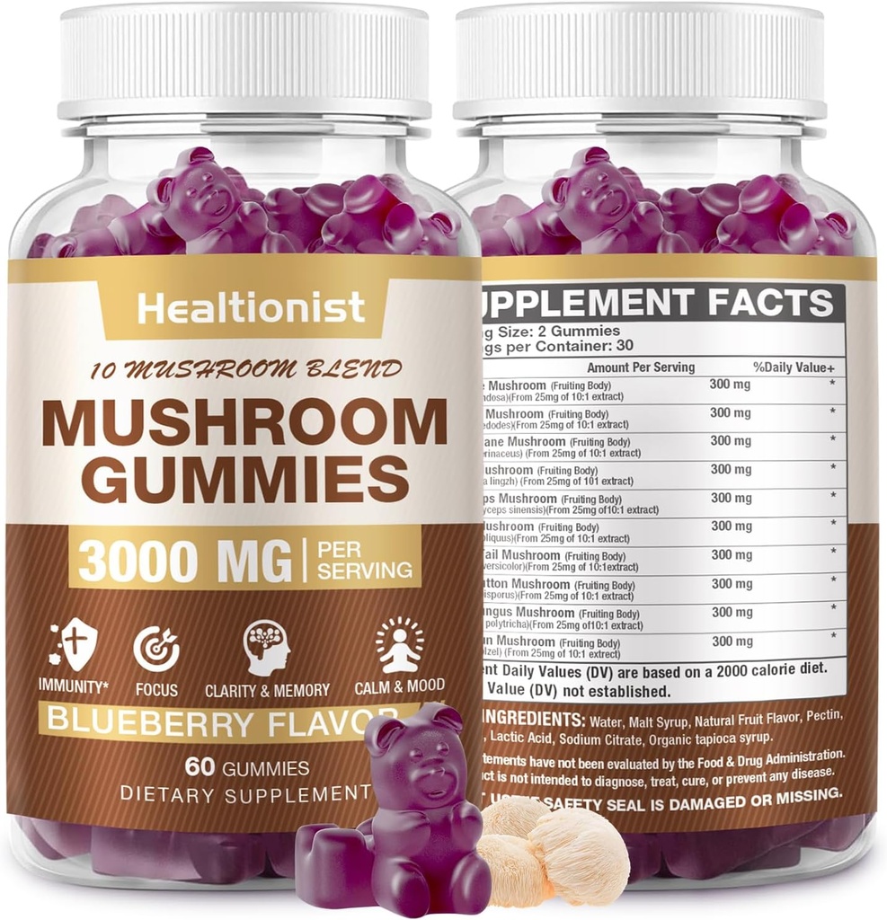3000MG Mushroom Complex Gummies 10 Blend - Lion's Mane Gummies for Adults, Cordyceps, Shiitake, Reishi, Chaga, - Εγκεφαλική, Ανοσοποιητική Υποστήριξη & Άγχος Ανακούφιση, Ενέργεια, Συμπλήρωμα Μανιταριών για Άνδρες & Γυναίκες 60ct