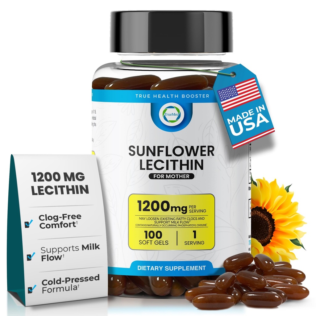 Organic Sunflower Lecithin 1200 mg – Sunflower Lecithin Breastfeeding Supplement for Moms – Supports Milk Flow, Clogged Duct Relief, Brain & Liver Health – Soy-Free, Non-GMO – 100 Softgels