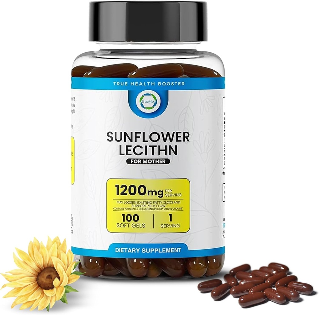 Sunflower Lecithin 1200 mg, Milk Flow, Soy-Free & Non-GMO Support for Breastfeeding Moms Unblocks Clogged Milk Ducts, Brain, Nerve & Liver Health, Phospholipid-Rich for Mother 100 Softgel