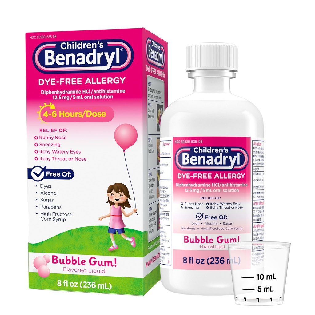 Benadryl Παιδική Βαφή-ελεύθερος Αλλεργία Relief Liquid, Αλλεργική Ιατρική για Παιδιά, 12, 5 mg Διφαινυδραμίνη HCl Αντιισταμινικό, Ανακουφίζει Runny μύτη & Φτάρνισμα, Paraben-free, Bubble Gum Flavor, 8 fl.