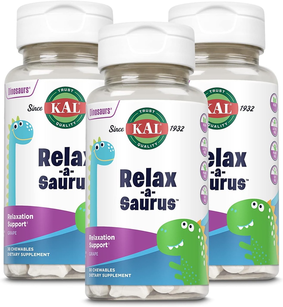KAL Relax-a-Saurus, συμπλήρωμα υποστήριξης στρες για τα παιδιά, L-Θεανίνη για τα παιδιά με βοτανικό στρες ανακούφιση & χαλάρωση & ανάμειξη, νοστιμότατο φυσικό άρωμα σταφυλιού, 60 ημερών εγγύηση, 30 Chewables πακέτο των 3