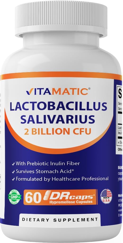 Vitamatic Lactobacillus Salivarius 2 Δισεκατομμύρια ανά DR Κάψουλα - 60 Count - Digestive Support - Made with Prebiotic Inulin Fiber (1 φιάλη)