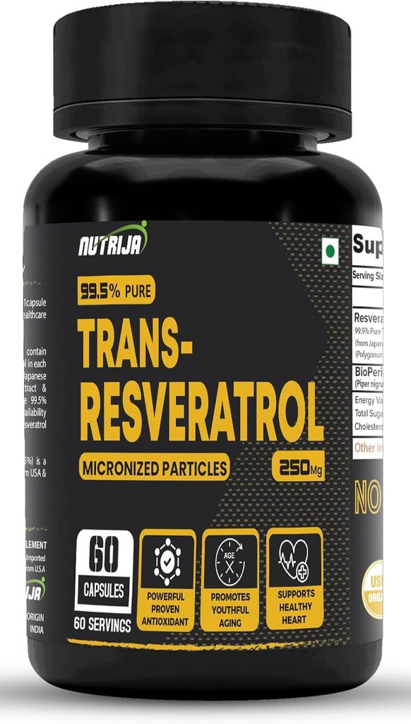 Trans Resveratrol 250MG Capsules - 99.5% Pure Micronized and Highly Bioavailable Supplement | Slow Down Aging, Proven Powerful Anti-Oxidant | Improves Metabolism & Heart Health (120 Capsules)