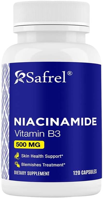 Safrel Niacinamide 500mg (Vitamin B3) - 120 Κάψουλες - Υγεία του δέρματος & Blemish Υποστήριξη - Μη ΓΤΟ, Χωρίς γλουτένη - Flush-Free Formula - για την υγεία των ανδρών και των γυναικών