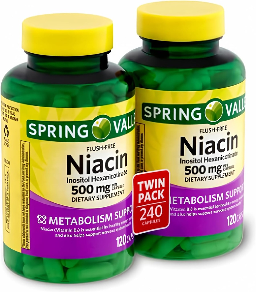 Spring Valley - Flush Free Niacin (B-3) 500 mg, 240 κάψουλες (2 φιάλες των 120)