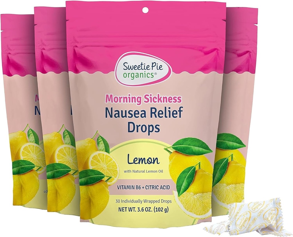 Sweet Pie Organics Εγκυμοσύνη Ναυτία Relief Drops, Soothe Πρώτο Trimester Πρωινή Ασθένεια, Λεμόνι Γεύση, 30 Count, 4 Pack