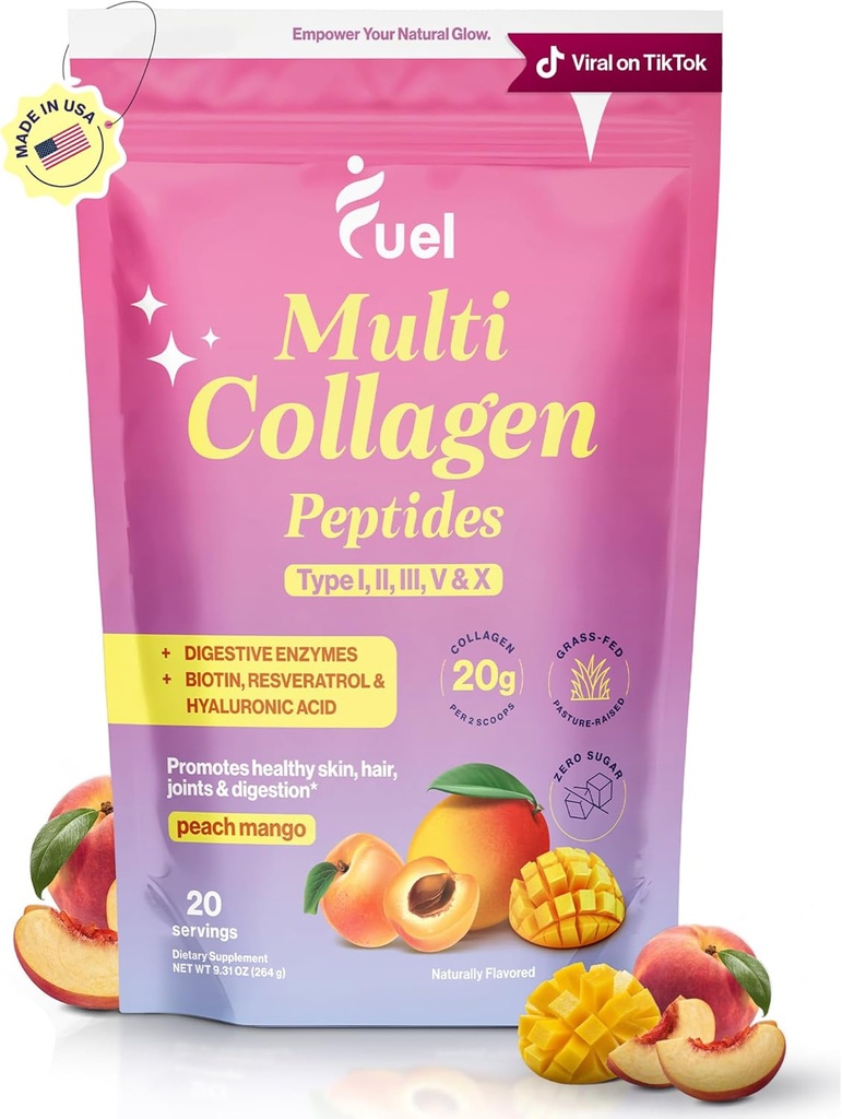 Καύσιμα Multi Collagen Peptides σκόνη – 20g Hydrolyzed Collagen I, II, III, V & X για τα μαλλιά, δέρμα, νύχια & κοινή υποστήριξη – Καλύτερη απορρόφηση – Keto & Gluten Free, Ροδάκινο Mango, 9.31oz