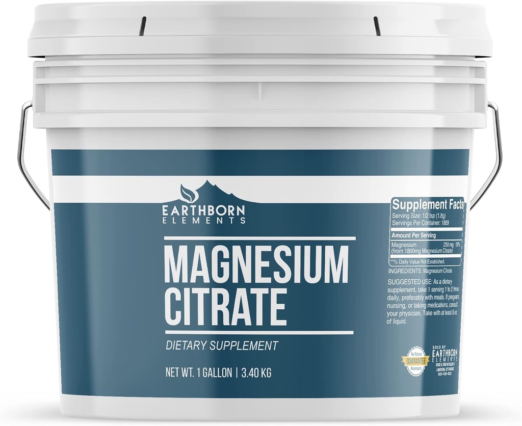 Earthborn Elements Magnesium Citrate 1 Gallon Bucket, Oral Supplement, No Additives or Fillers