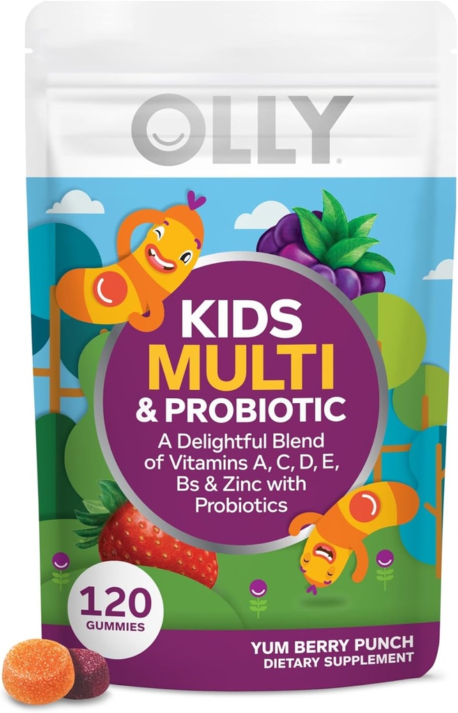 OLLY Kids Multivitamin & Probiotic Gummy, Digestive Support, Vitamins A, D, C, E, B, Zinc, Chewable Supplement, Berry Flavor, 60 day supply - 120 Count