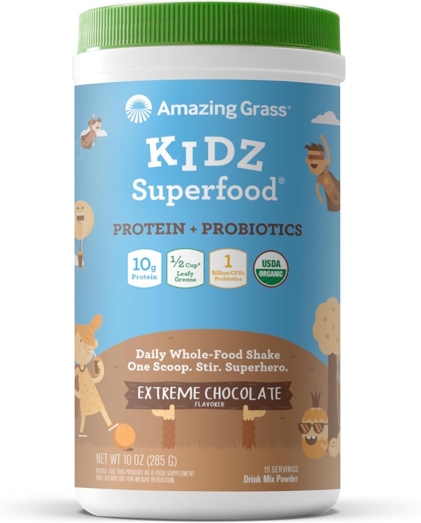 Amazing Grass Kids Superfood: Vegan Πρωτεΐνη & Προβιοτικά για τα παιδιά με Beet Root Powder & 1/2 Κύπελλο Leafy Πράσινα, Ακραία σοκολάτα, 15 εξυπηρετούν