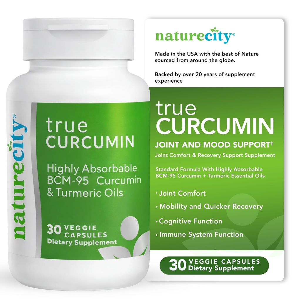 NatureCity True-Curcumin Turmeric Supplement - Non-GMO Turmeric and Curcumin Capsules - BCM-95 Curcumin Formula for Enhanced Absorption - Supports Joint, Immune and Cognitive Health - 30 Days Supply