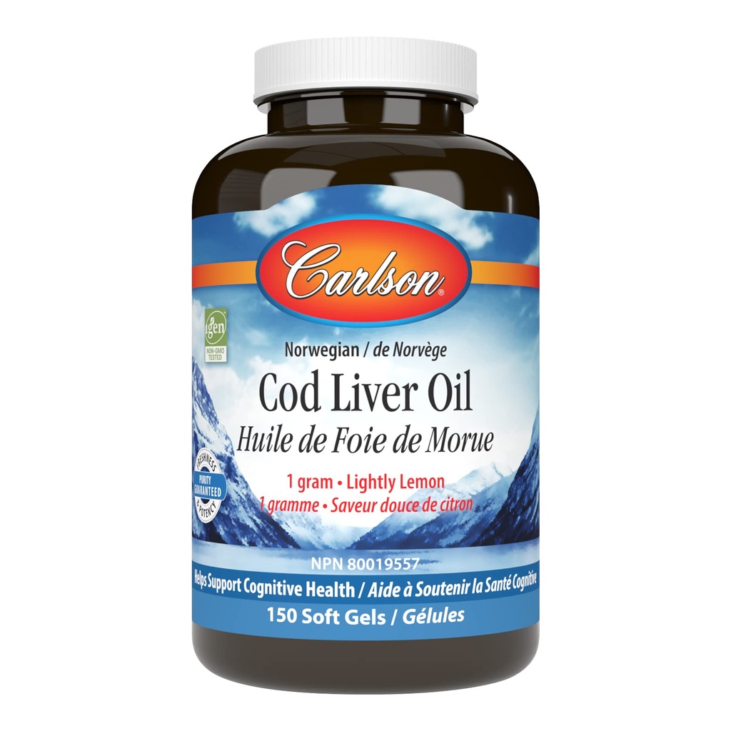 Carlson - Cod Liver Oil Gems, 460 mg Omega-3s + Βιταμίνες A & D3, Wild-Caught Norwegian Arctic Cod-Liver Oil, Sustainablely που προέρχονται Nordic Fish Oil Caps, Lemon, 150 Soft Gels