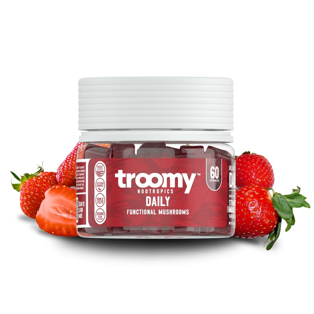 Troomy Καθημερινή 14 Mushroom Blend Gummies - Μεγάλη γεύση Φυσικό Μάνγκο Φράουλα Γεύση, Ζελατίνη-ελεύθερο, Χωρίς γλουτένη, Χορτοφαγικά - 60 κόμης