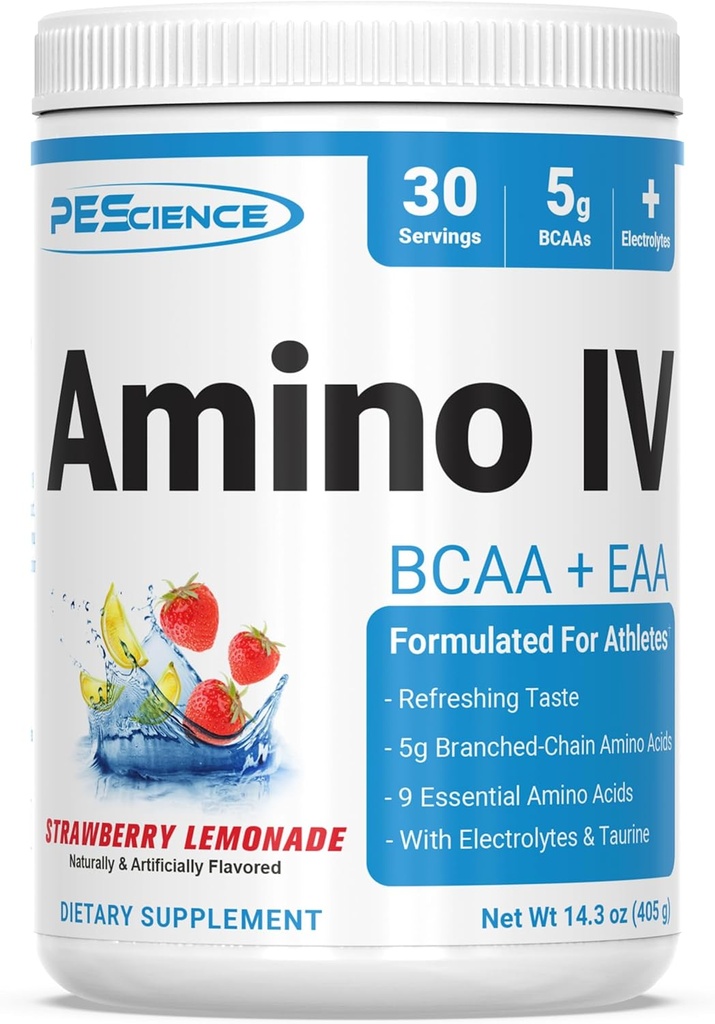 PEScience Amino IV BCAA & EAA Powder, Essential Amino Acids, Taurine, Ηλεκτρολύτες για την ενυδάτωση και την αποκατάσταση των μυών, Ζάχαρη Δωρεάν για άνδρες & γυναίκες, Post προπόνηση - Λεμονάδα Φράουλα - 30 Υπηρεσίες