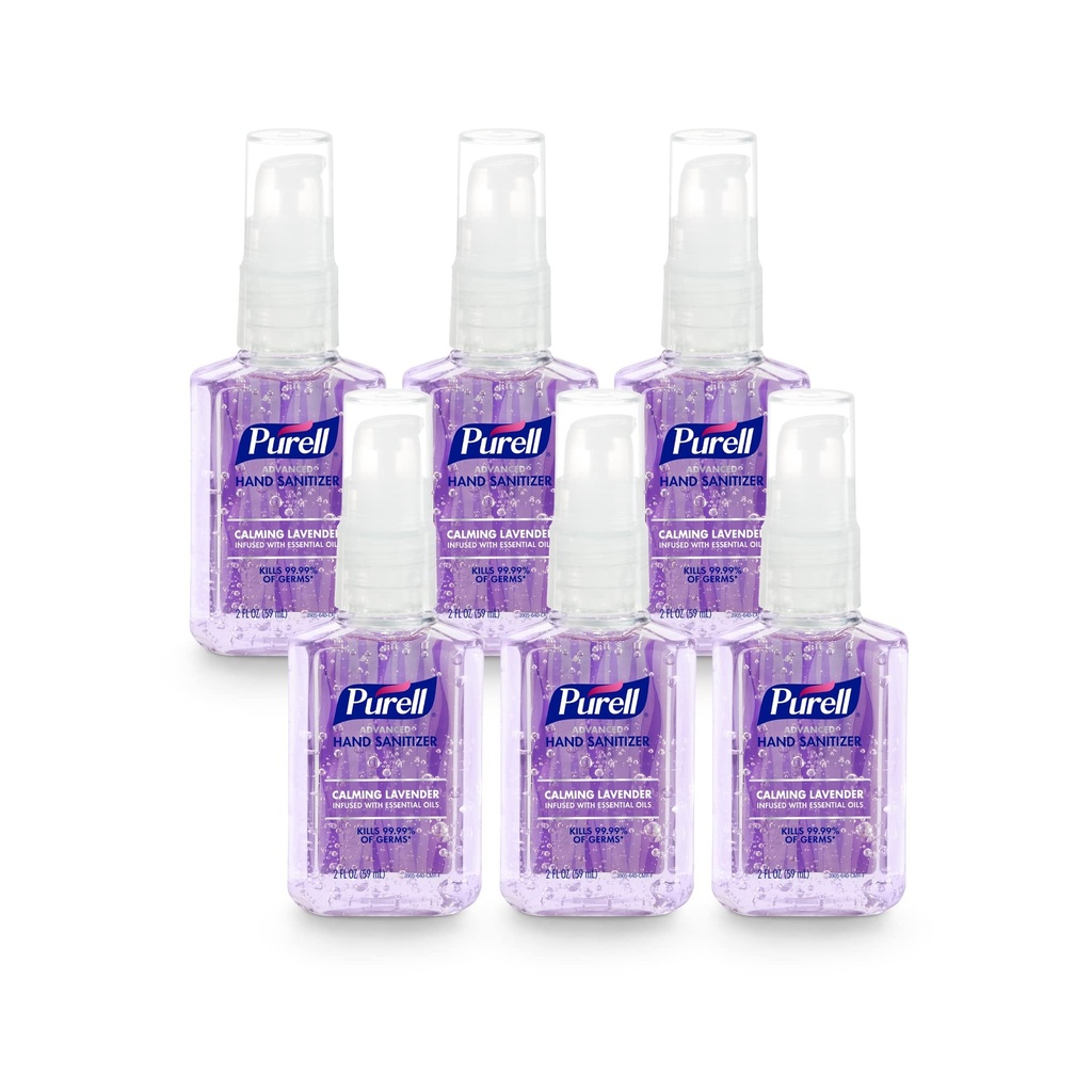 Purell Advanced Hand Sanitizer Gel εγχύθηκε με αιθέρια έλαια, ηρεμώντας λεβάντα, 2 fl oz ταξιδιωτικό μέγεθος αντλία μπουκάλι (πακέτο των 6), 3905-04-EC