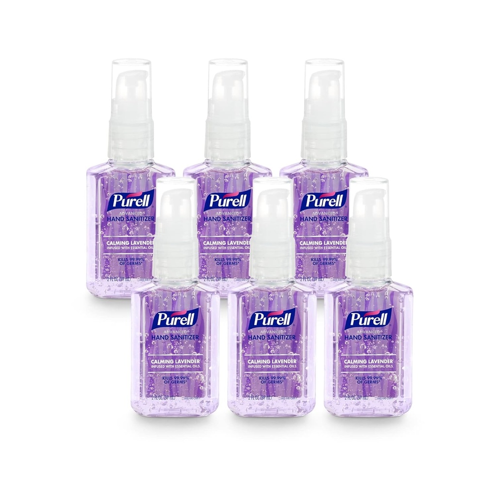 Purell Advanced Hand Sanitizer Gel εγχύθηκε με αιθέρια έλαια, ηρεμώντας λεβάντα, 2 fl oz ταξιδιωτικό μέγεθος αντλία μπουκάλι (πακέτο των 6), 3905-04-EC