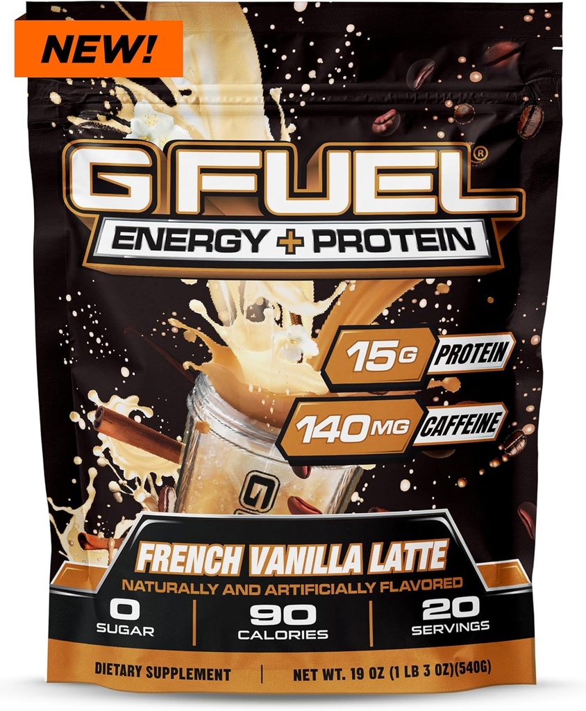 G Fuel Protein + Energy Drink Powder, Pre Workout Caffeine Mix for Gaming, Sugar Free Focus Amino, Vitamin + Antioxidants, 19oz (Γαλλική Vanilla Latte, 20 Servings)