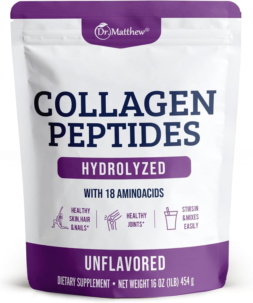 Matthew Hydrolyzed Collagen Peptides σκόνη - Άγευστη & Grass Fed Protein Supplement για τα μαλλιά, το δέρμα, τις αρθρώσεις - μη GMO, Keto-Friendly, Type 1 και 3, για τις γυναίκες και τους άνδρες