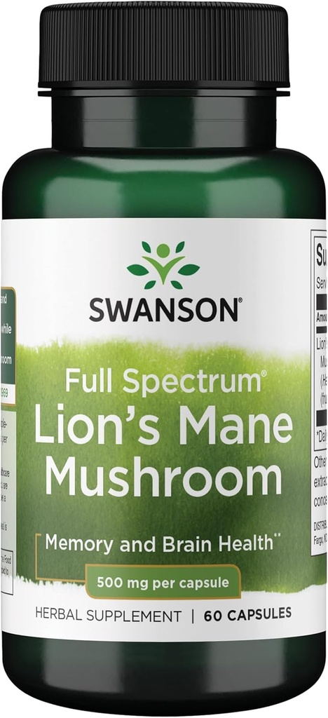 Κάψουλες Μανιταριών του Swanson Lion - 500 mg Κάθε, 60 κάψουλες - συμπλήρωμα βοτάνων Υποστήριξη Γνωστική λειτουργία