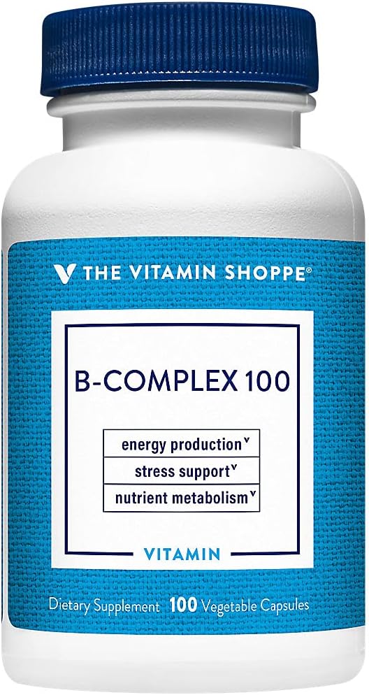 The Vitamin Shoppe B Complex 100 – Supports Energy Production, Nervous System Function & Nutrient Metabolism – Excellent Source of B1, B2, B6, B12, Niacin, Folic Acid & Biotin (100 Veggie Caps)