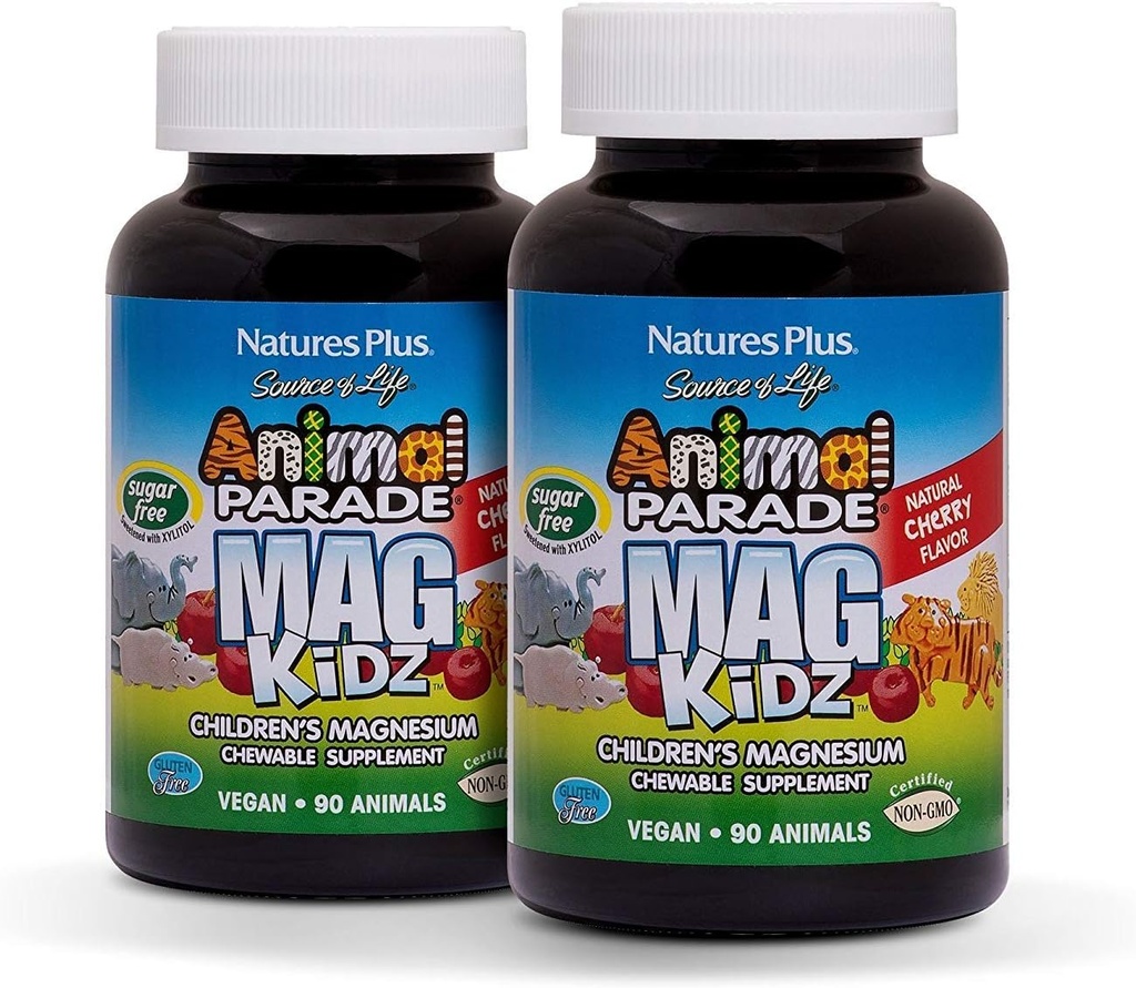 NaturesPlus Ζωική Παρέλαση MagKidz, Φυσικό άρωμα κερασιού - 90 Ζωικό σχήμα, Μασώμενα δισκία - Συσκευασία των 2 - Οστών & μυών Υγεία Υποστήριξη - Μη-ΓΤΟ, Vegan, Χωρίς γλουτένη, Χωρίς ζάχαρη - 90 Σύνολο Σερβιέτες