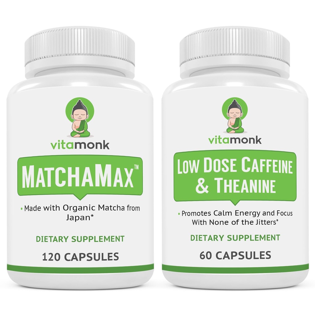 VitaMonk Energy & Focus Bundle: MatchaMax Organic Ιαπωνικές κάψουλες Μάτσα χαμηλής δόσης καφεΐνη και θεανίνη