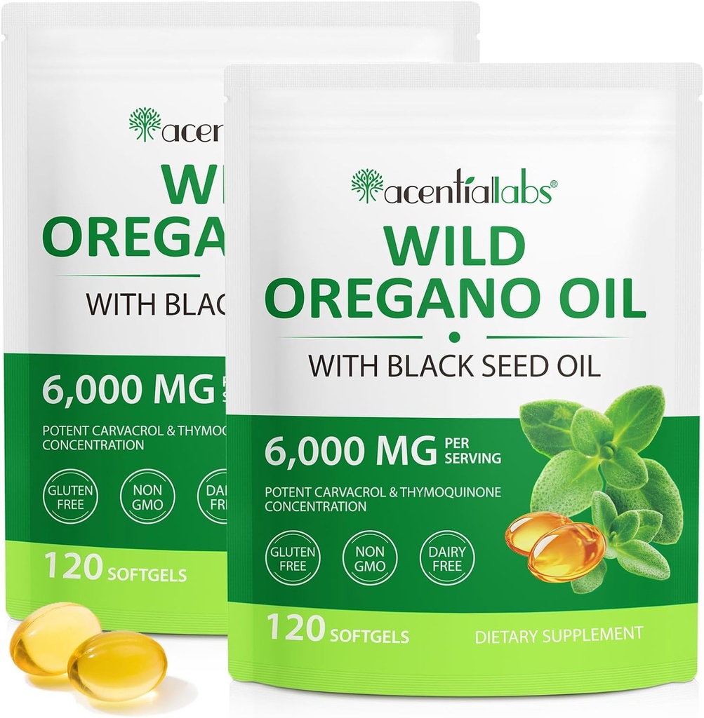 Λάδι Orγανης Softgels 6000mg 2 Pack, 2 in 1 Formulated with Black Seed Oil 120 Count, Organo Oil Caps Organic, Gluten Free Oil of Oregano Softgels, Non-GMO & Immune Support
